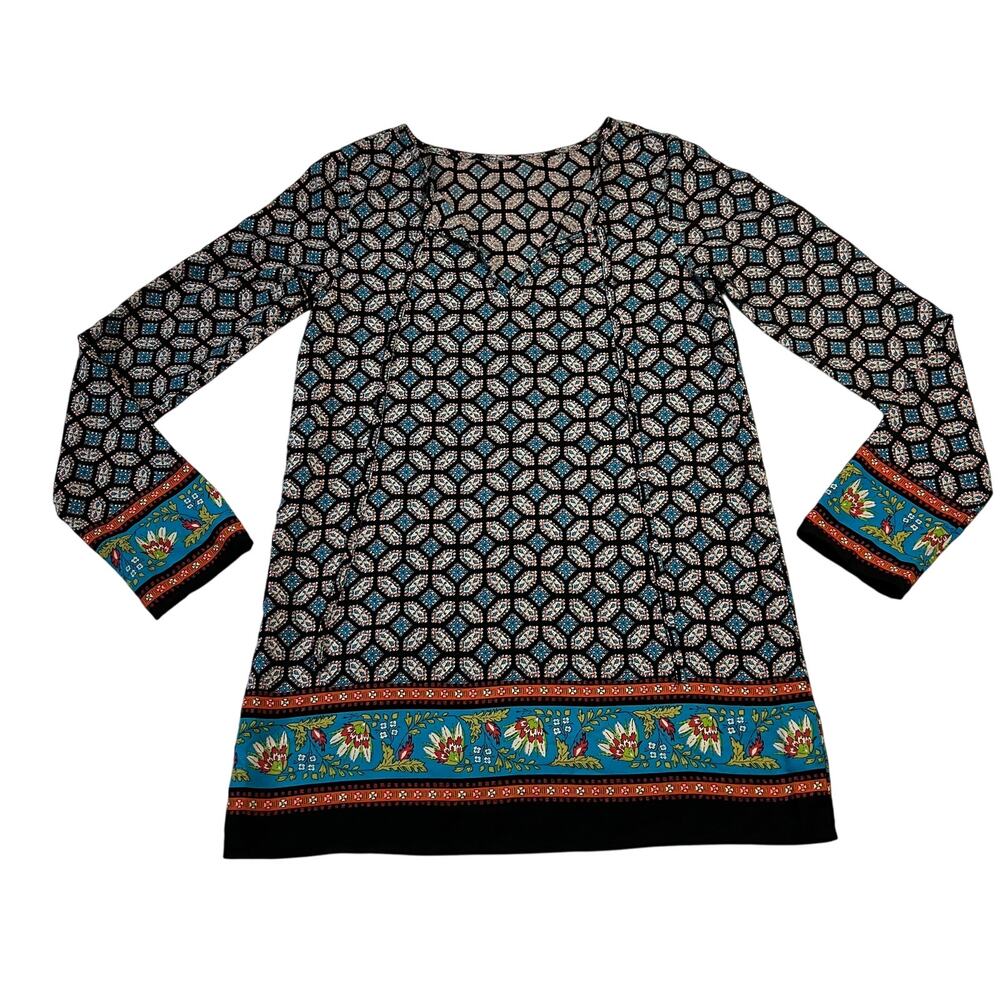 Women's Split Neck Mosaic Floral Print Tunic Blouse Size S Colorful Boho Peasant